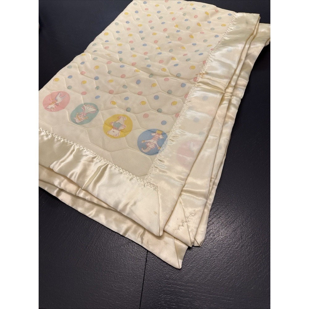 Vintage‎ Baby Blanket Yellow Pastel polka dots Toys Quilted 1970's Satin Edging